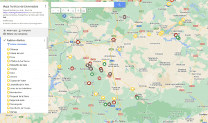 Una captura de pantalla de Google Maps que muestra varios lugares y rutas turísticas en Extremadura, España, con múltiples iconos y etiquetas.