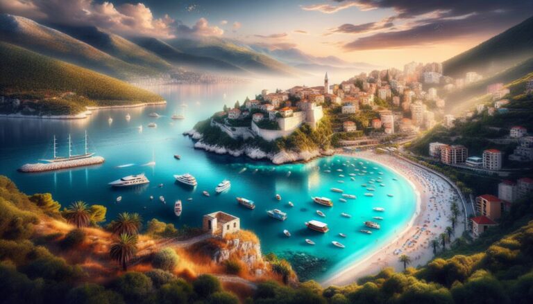 Un pueblo costero con edificios densamente poblados asciende una colina junto a una bahía turquesa llena de barcos, bajo el cielo del atardecer. Una playa con palmeras bordea la orilla.