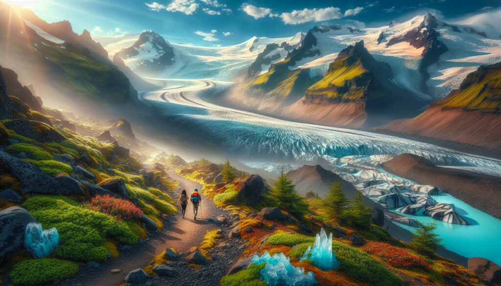 Dos excursionistas caminan por un sendero a través de un terreno rocoso y verde vibrante con un telón de fondo pintoresco de montañas cubiertas de nieve y un glaciar bajo un cielo parcialmente nublado iluminado por luz solar dispersa.
