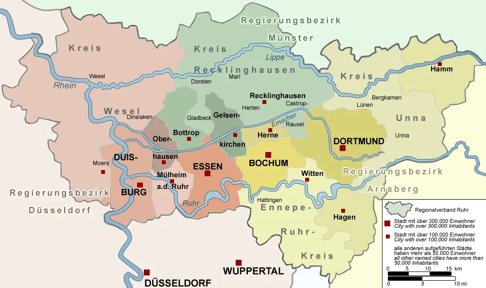 Mapa de la cuenca del Ruhr con Essen dentro de la region alemana