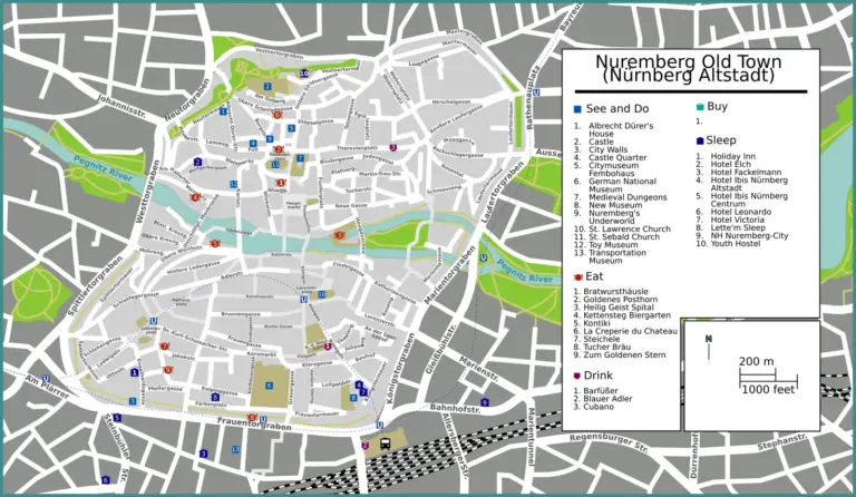 Mapa turistico de Nuremberg con el casco antiguo y el castillo imperial al fondo
