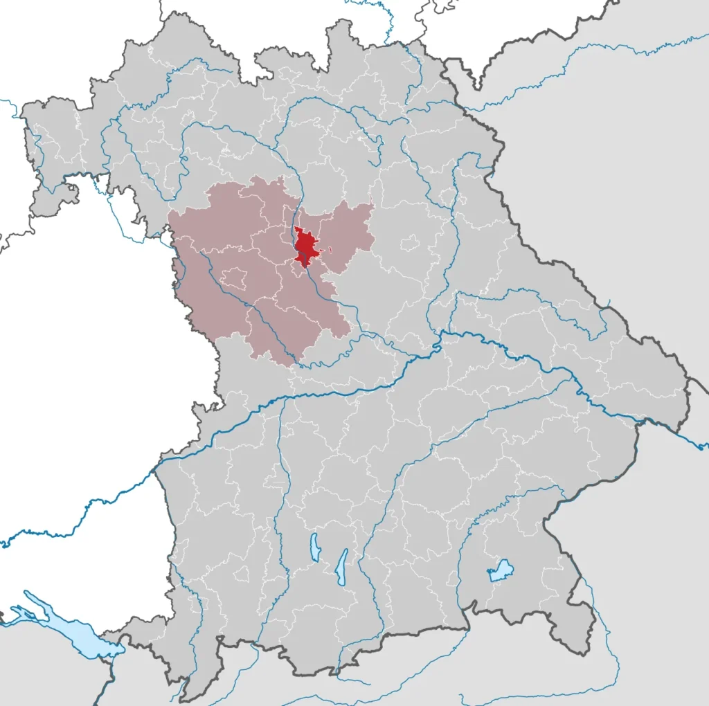 Ubicacion de Nuremberg en Baviera dentro del mapa de Alemania