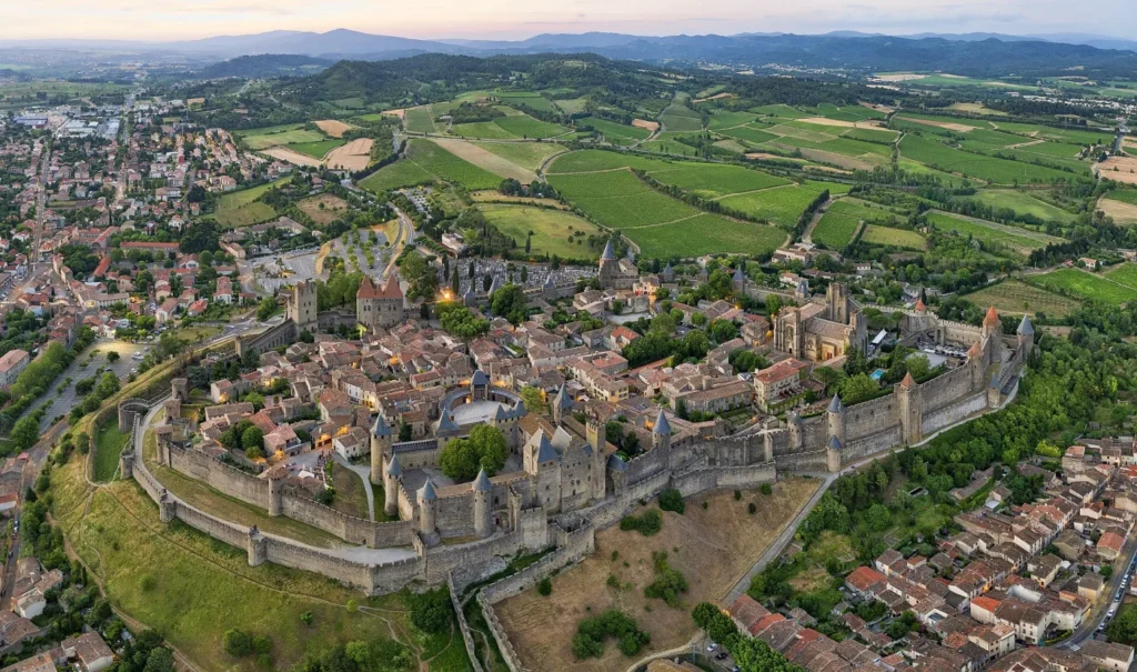 Vista aérea de la ciudadela fortificada de Carcassonne en Occitania