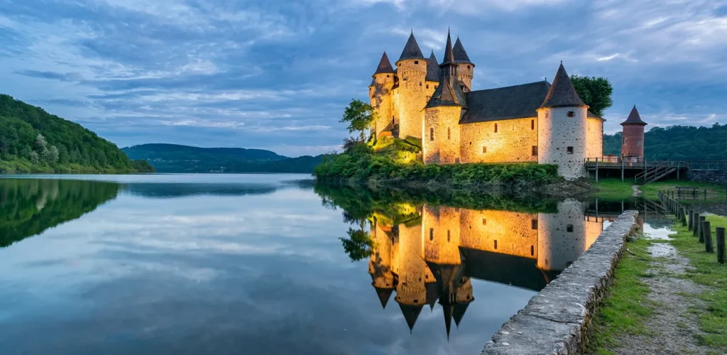 Castillo de Val junto al lago de Bort-les-Orgues en Francia