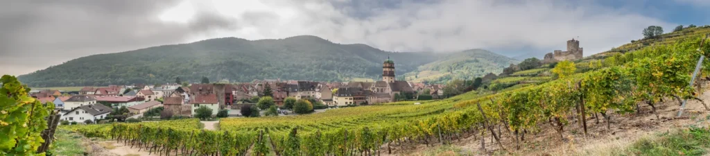 Vista panorámica de Kaysersberg y los viñedos de Alsacia